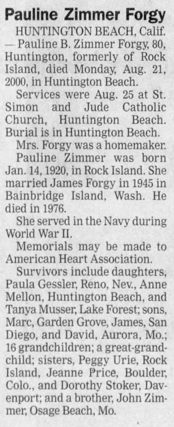 Obituary for Pauline Zimmer Forgy, 1920-2000 (Aged 80)
